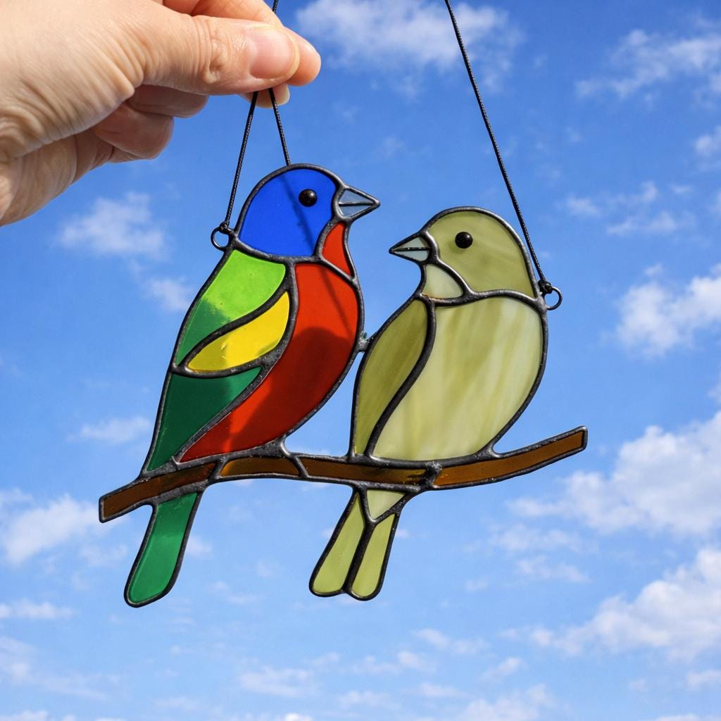 Handmade stained glass painted bunting bird suncatcher window hanging, colorful blue red green bird art, birdwatcher gift for dad or mom, spring nature decor.