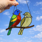 Handmade stained glass painted bunting bird suncatcher window hanging, colorful blue red green bird art, birdwatcher gift for dad or mom, spring nature decor.