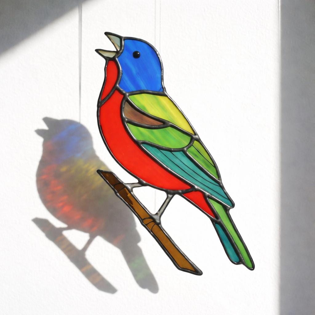 Handmade stained glass painted bunting bird suncatcher window hanging, colorful blue red green bird art, birdwatcher gift for dad or mom, spring nature decor.