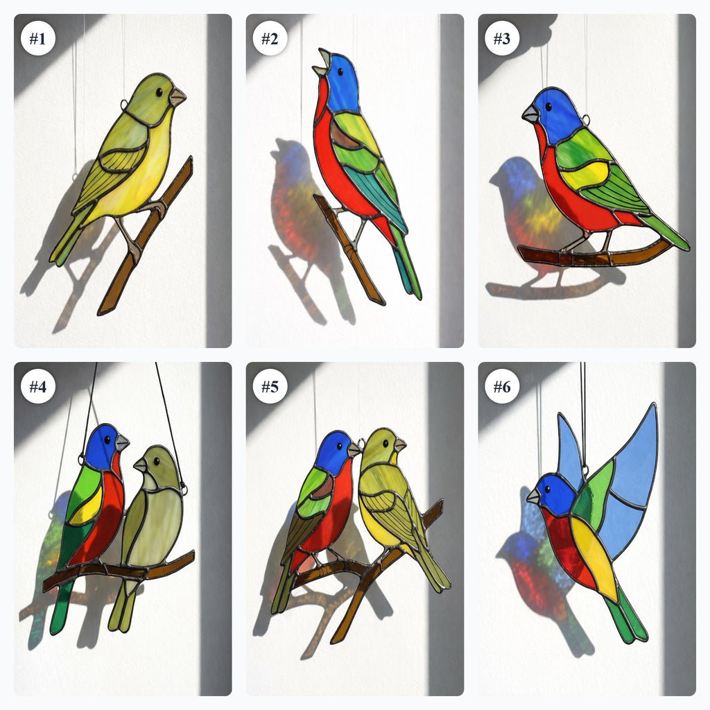 Handmade stained glass painted bunting bird suncatcher window hanging, colorful blue red green bird art, birdwatcher gift for dad or mom, spring nature decor.