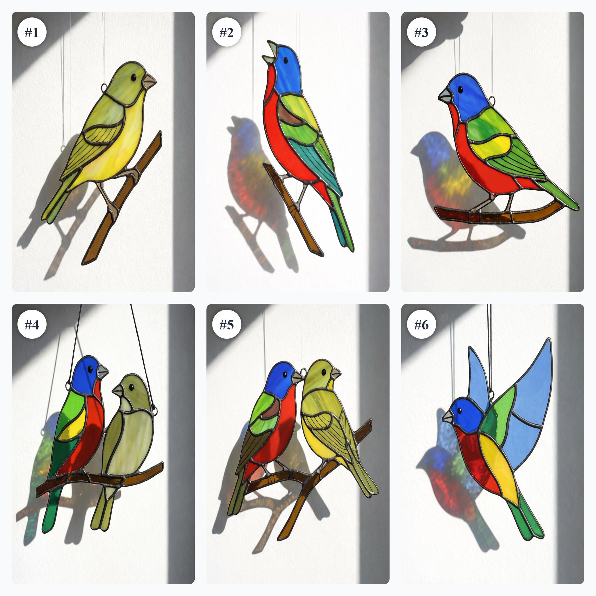 Handmade stained glass painted bunting bird suncatcher window hanging, colorful blue red green bird art, birdwatcher gift for dad or mom, spring nature decor.