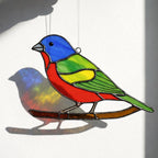 Handmade stained glass painted bunting bird suncatcher window hanging, colorful blue red green bird art, birdwatcher gift for dad or mom, spring nature decor.