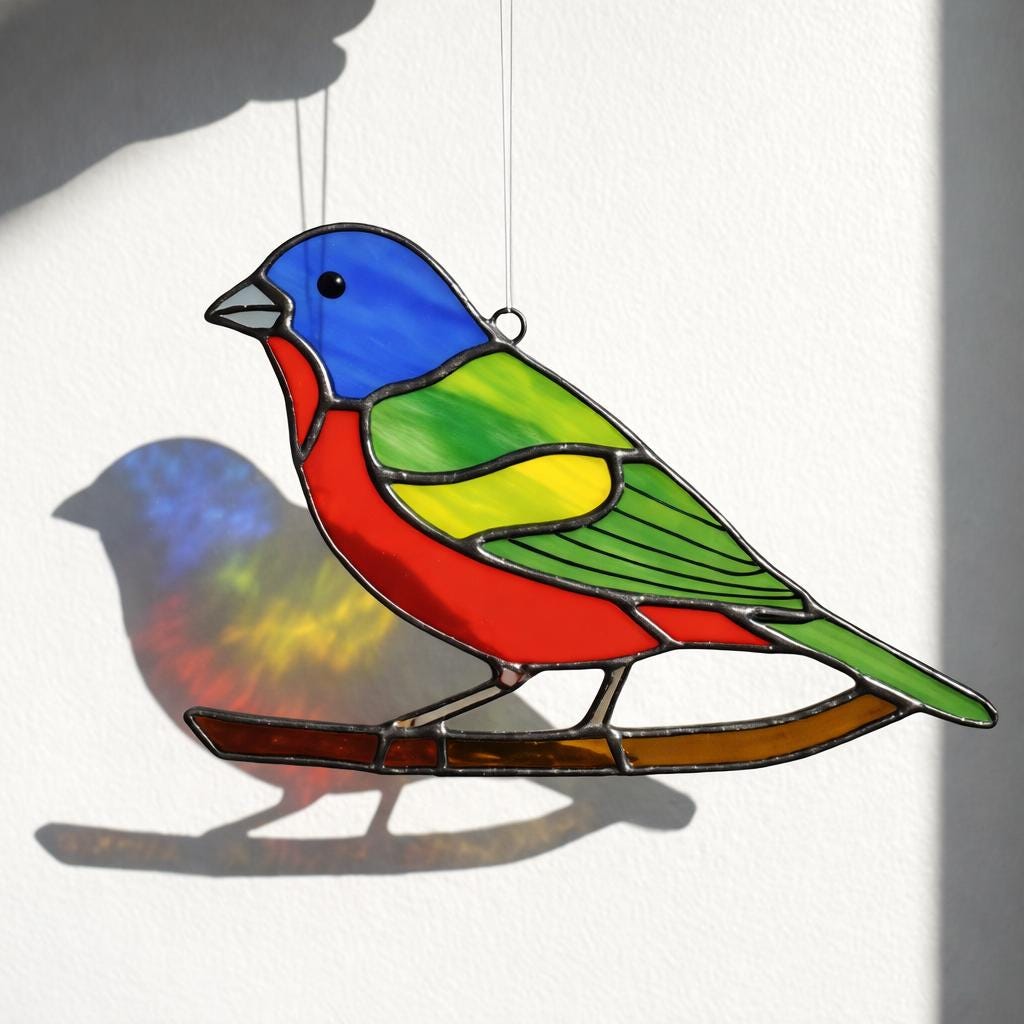 Handmade stained glass painted bunting bird suncatcher window hanging, colorful blue red green bird art, birdwatcher gift for dad or mom, spring nature decor.