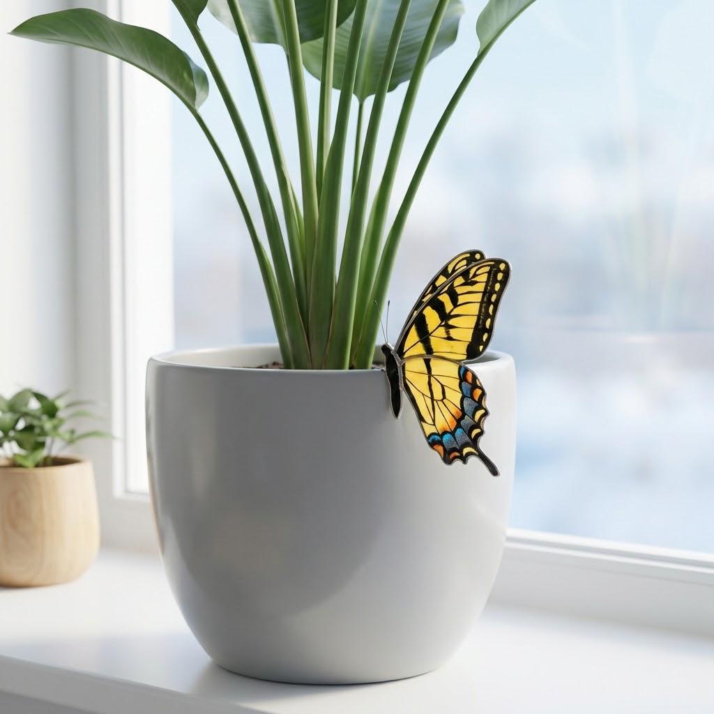 Handmade stained glass monarch butterfly plant stake with vibrant orange and black wings, suncatcher pot sitter for indoor plants, gift for butterfly lover.