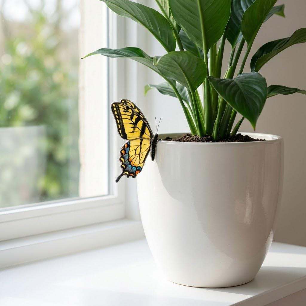 Handmade stained glass monarch butterfly plant stake with vibrant orange and black wings, suncatcher pot sitter for indoor plants, gift for butterfly lover.