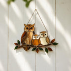 Handmade stained glass owl family suncatcher featuring mother owl and two owlets on a branch, woodland bird window hanging gift for mom or grandma.