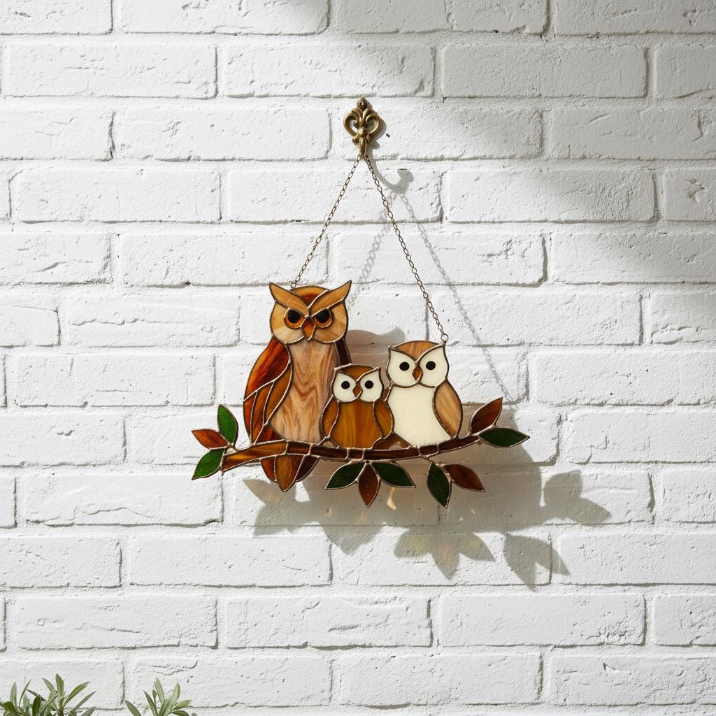 Handmade stained glass owl family suncatcher featuring mother owl and two owlets on a branch, woodland bird window hanging gift for mom or grandma.