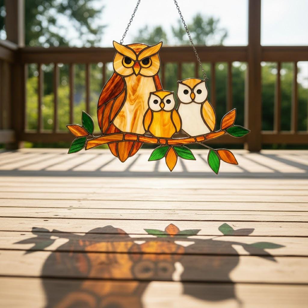 Handmade stained glass owl family suncatcher featuring mother owl and two owlets on a branch, woodland bird window hanging gift for mom or grandma.