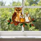 Handmade stained glass owl family suncatcher featuring mother owl and two owlets on a branch, woodland bird window hanging gift for mom or grandma.