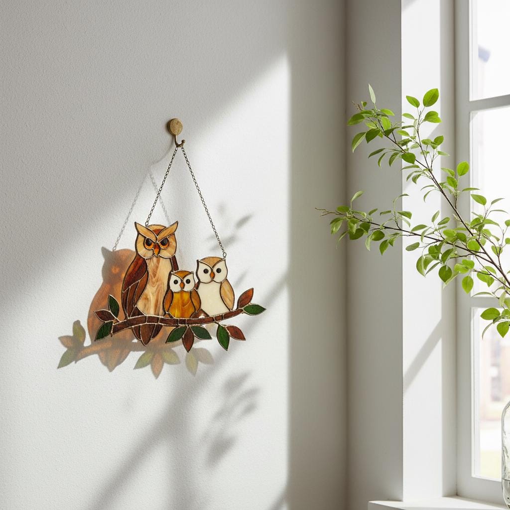 Handmade stained glass owl family suncatcher featuring mother owl and two owlets on a branch, woodland bird window hanging gift for mom or grandma.