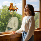 Handmade stained glass owl family suncatcher featuring mother owl and two owlets on a branch, woodland bird window hanging gift for mom or grandma.