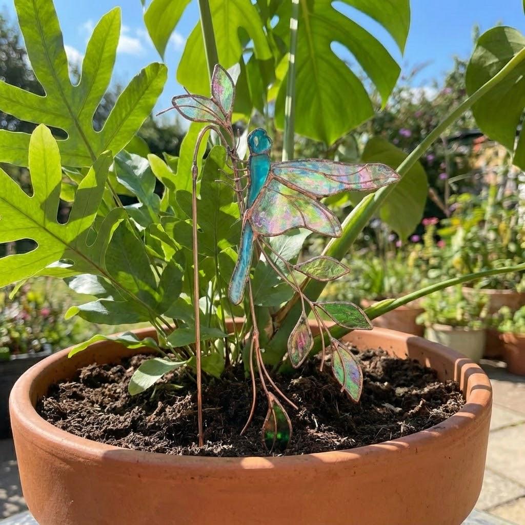Handmade stained glass dragonfly plant stake with iridescent wings and metal rod, suncatcher pot sitter for indoor plants, gardening gift for mom.