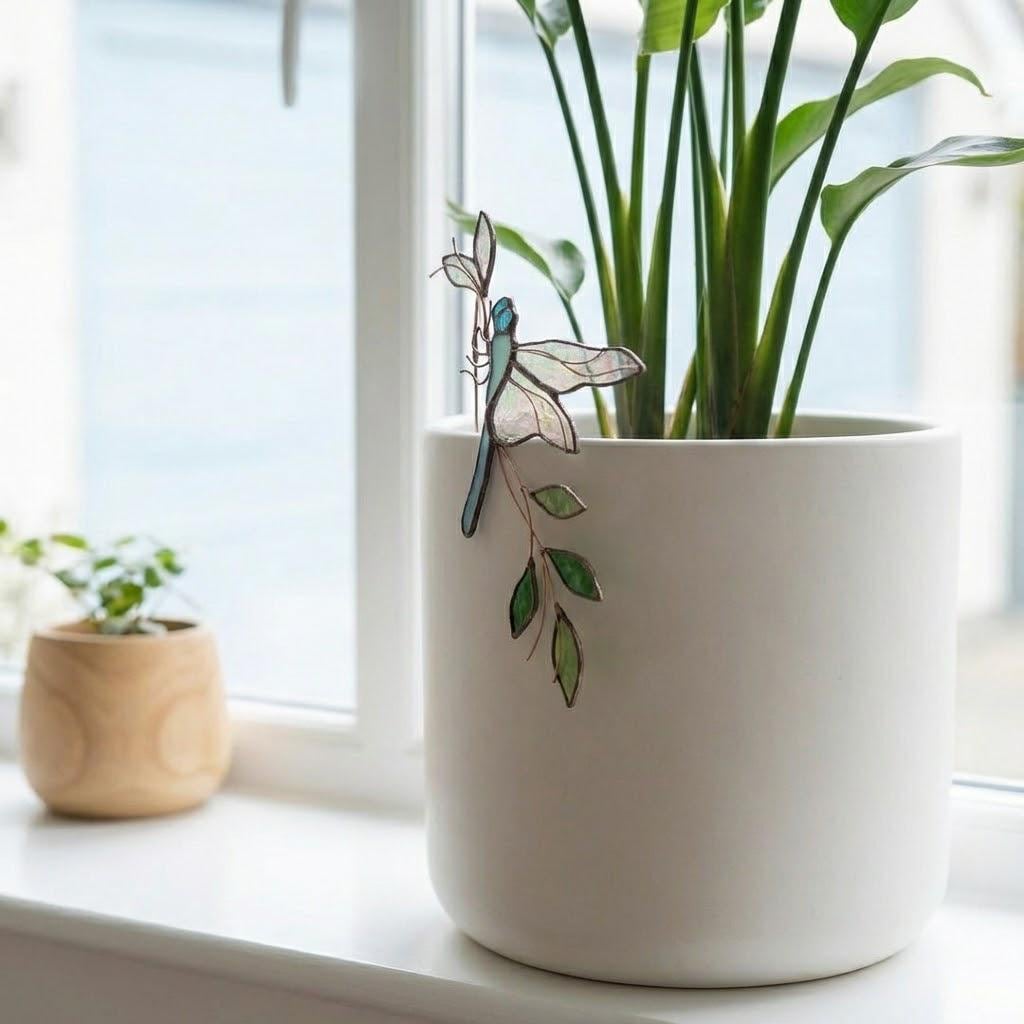 Handmade stained glass dragonfly plant stake with iridescent wings and metal rod, suncatcher pot sitter for indoor plants, gardening gift for mom.