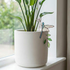 Handmade stained glass dragonfly plant stake with iridescent wings and metal rod, suncatcher pot sitter for indoor plants, gardening gift for mom.