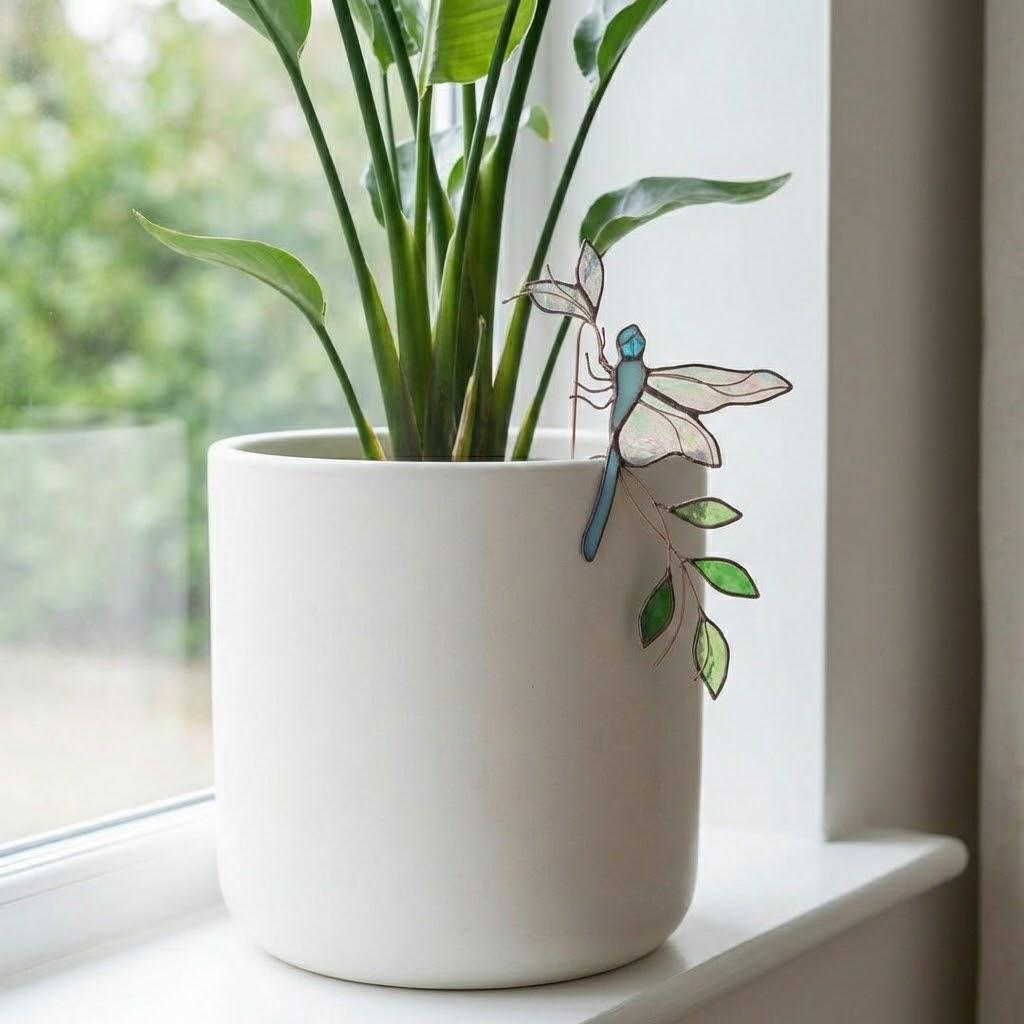 Handmade stained glass dragonfly plant stake with iridescent wings and metal rod, suncatcher pot sitter for indoor plants, gardening gift for mom.