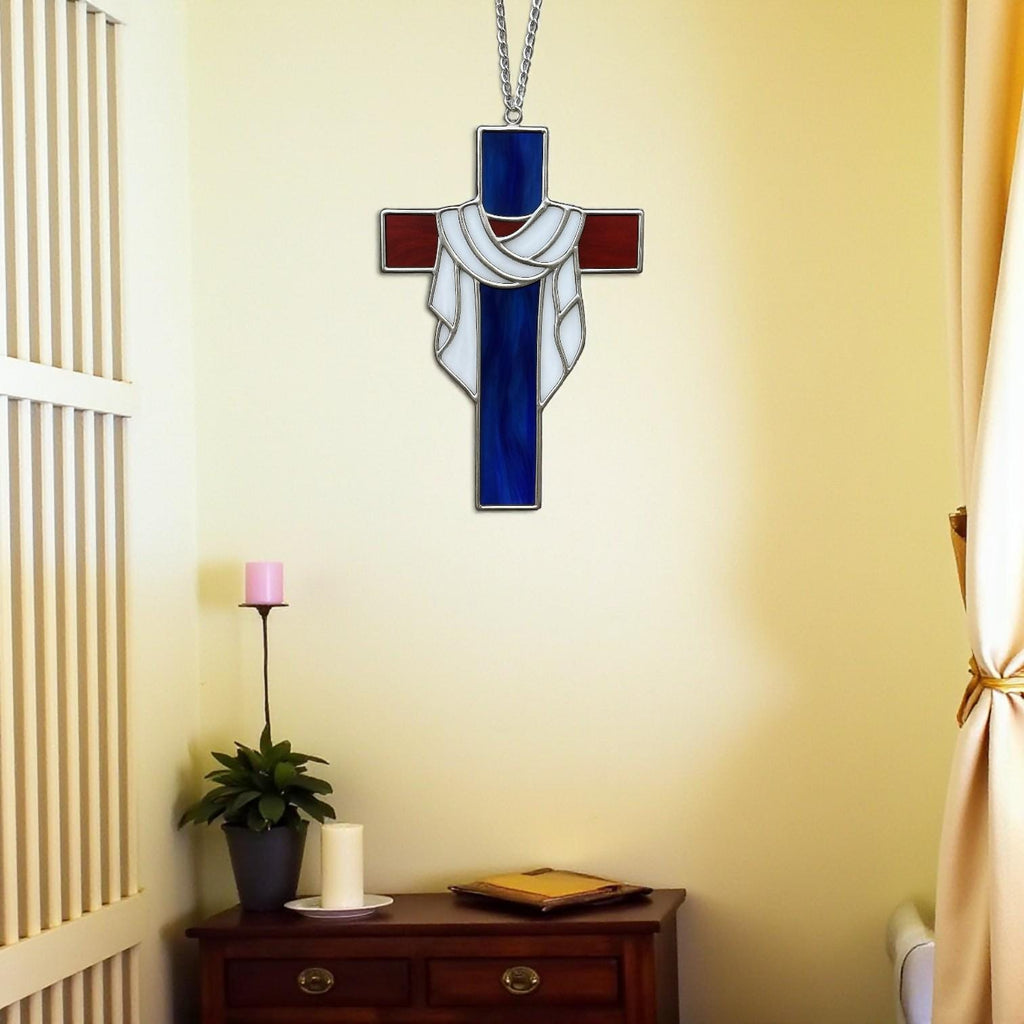 Handmade stained glass cross suncatcher window hanging, religious christian easter decoration, baptism or first communion gift for godchild, sympathy memorial gift.