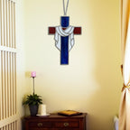 Handmade stained glass cross suncatcher window hanging, religious christian easter decoration, baptism or first communion gift for godchild, sympathy memorial gift.