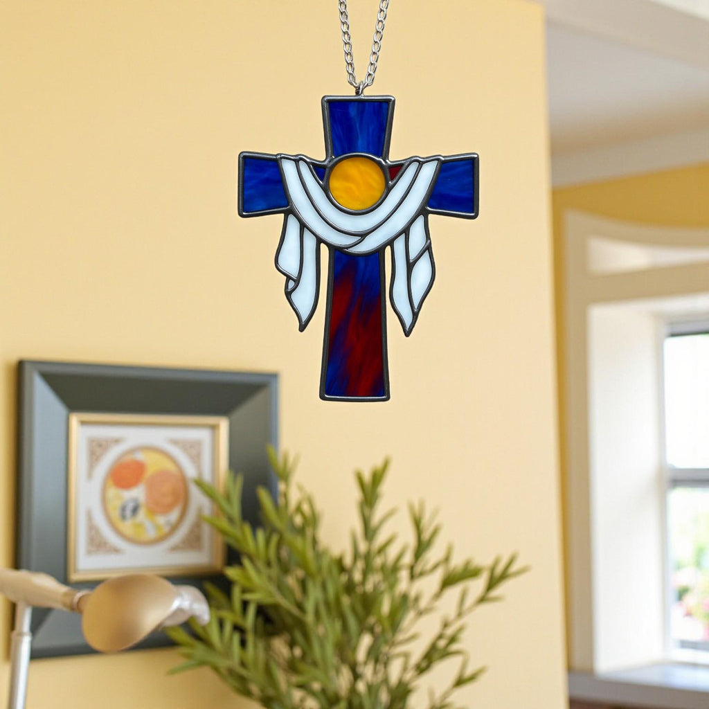 Handmade stained glass cross suncatcher window hanging, religious christian easter decoration, baptism or first communion gift for godchild, sympathy memorial gift.