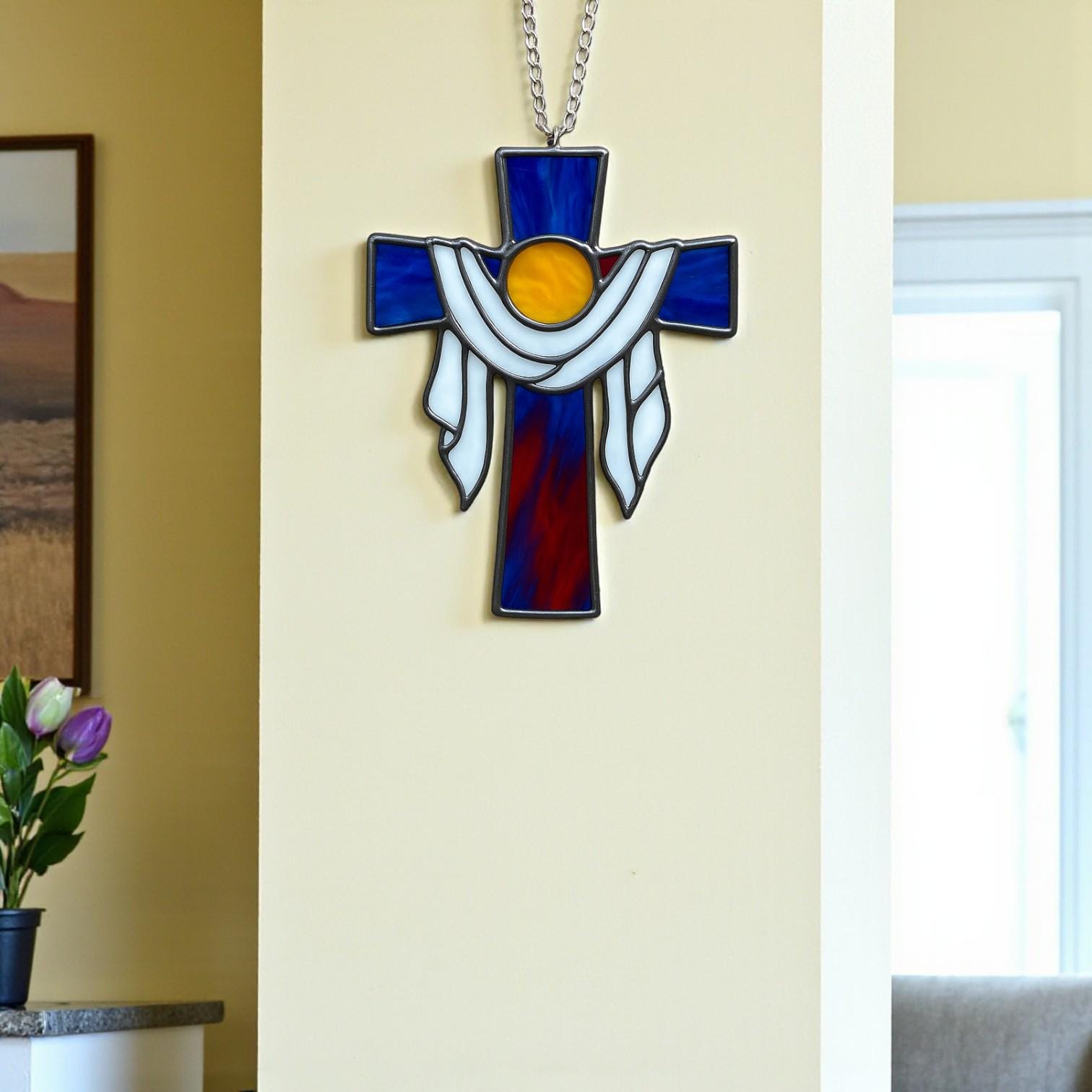 Handmade stained glass cross suncatcher window hanging, religious christian easter decoration, baptism or first communion gift for godchild, sympathy memorial gift.