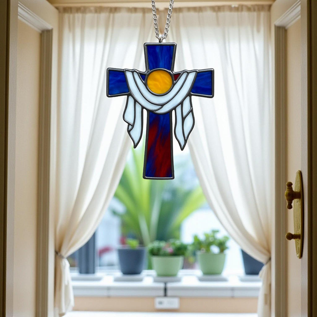 Handmade stained glass cross suncatcher window hanging, religious christian easter decoration, baptism or first communion gift for godchild, sympathy memorial gift.