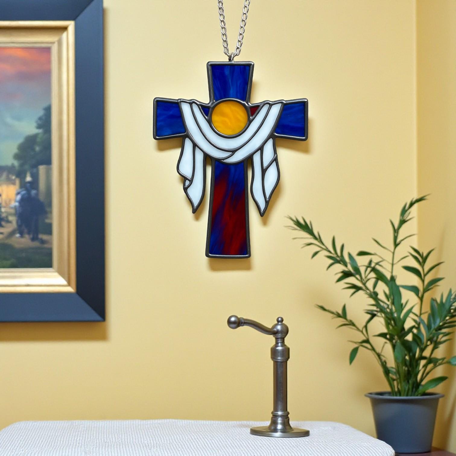 Handmade stained glass cross suncatcher window hanging, religious christian easter decoration, baptism or first communion gift for godchild, sympathy memorial gift.