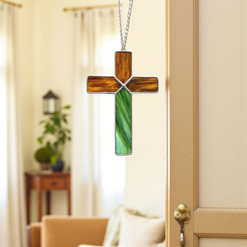 Handmade stained glass cross suncatcher window hanging, religious christian easter decoration, baptism or first communion gift for godchild, sympathy memorial gift.