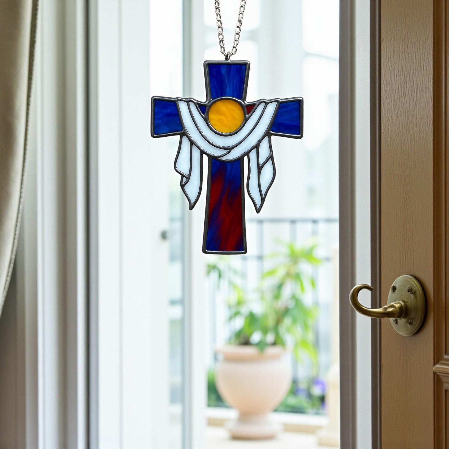 Handmade stained glass cross suncatcher window hanging, religious christian easter decoration, baptism or first communion gift for godchild, sympathy memorial gift.