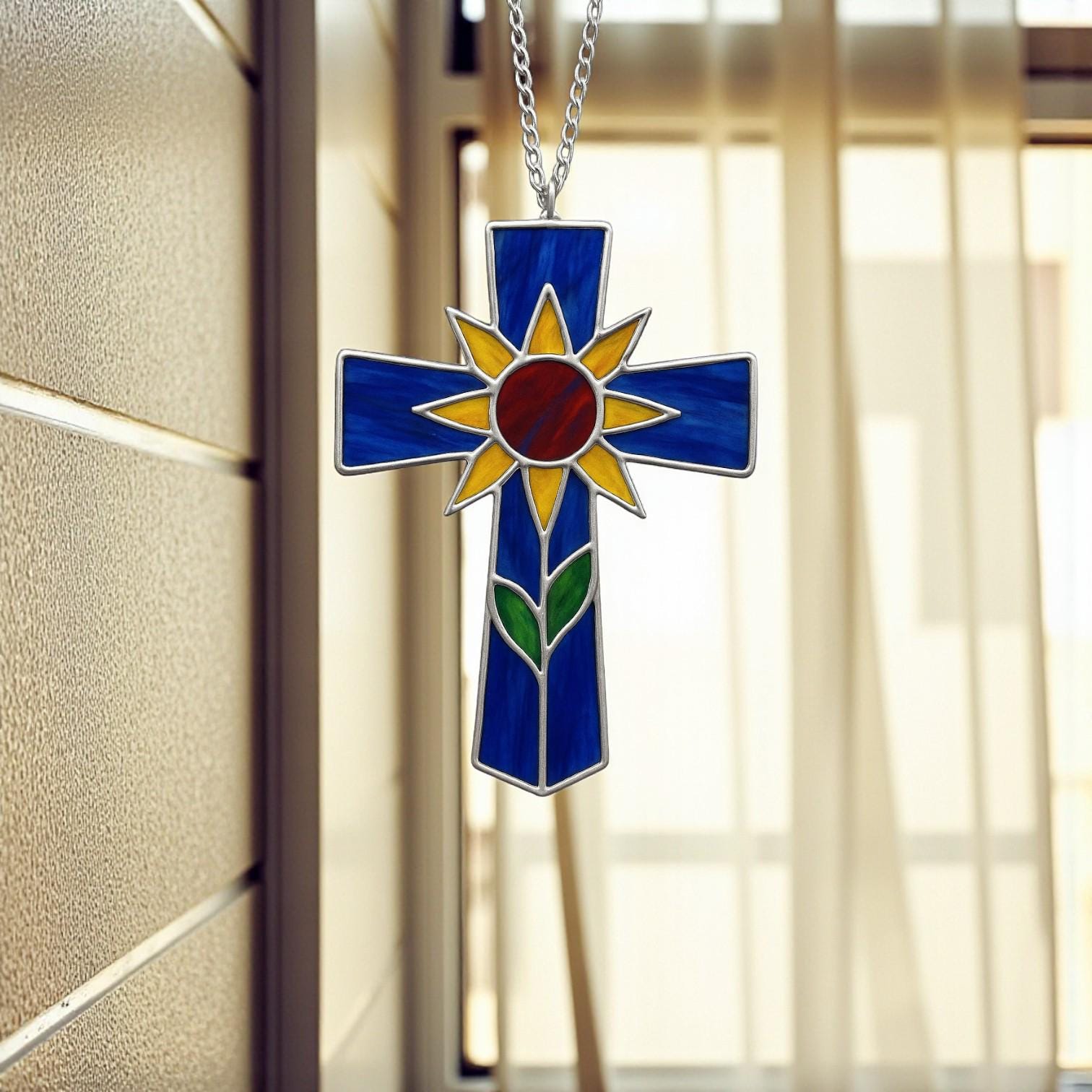 Handmade stained glass cross suncatcher window hanging, religious christian easter decoration, baptism or first communion gift for godchild, sympathy memorial gift.