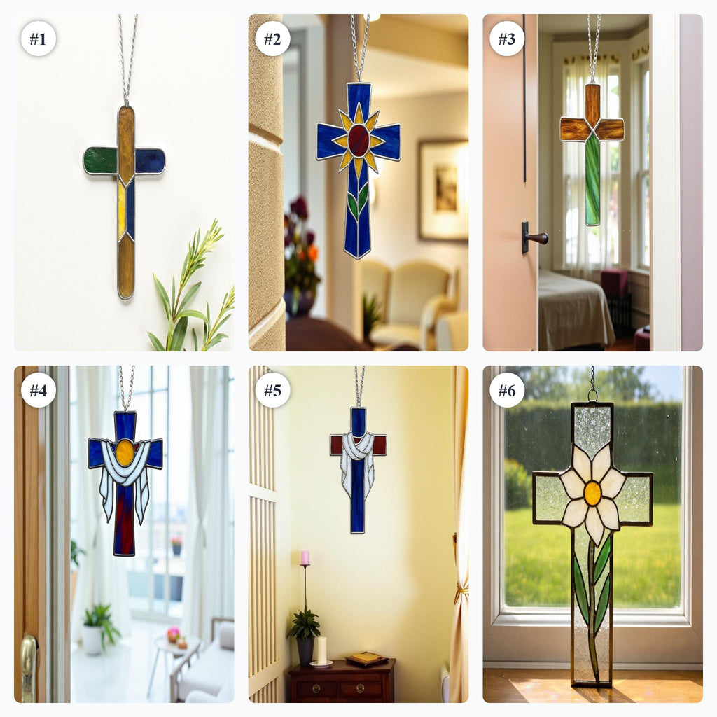 Handmade stained glass cross suncatcher window hanging, religious christian easter decoration, baptism or first communion gift for godchild, sympathy memorial gift.