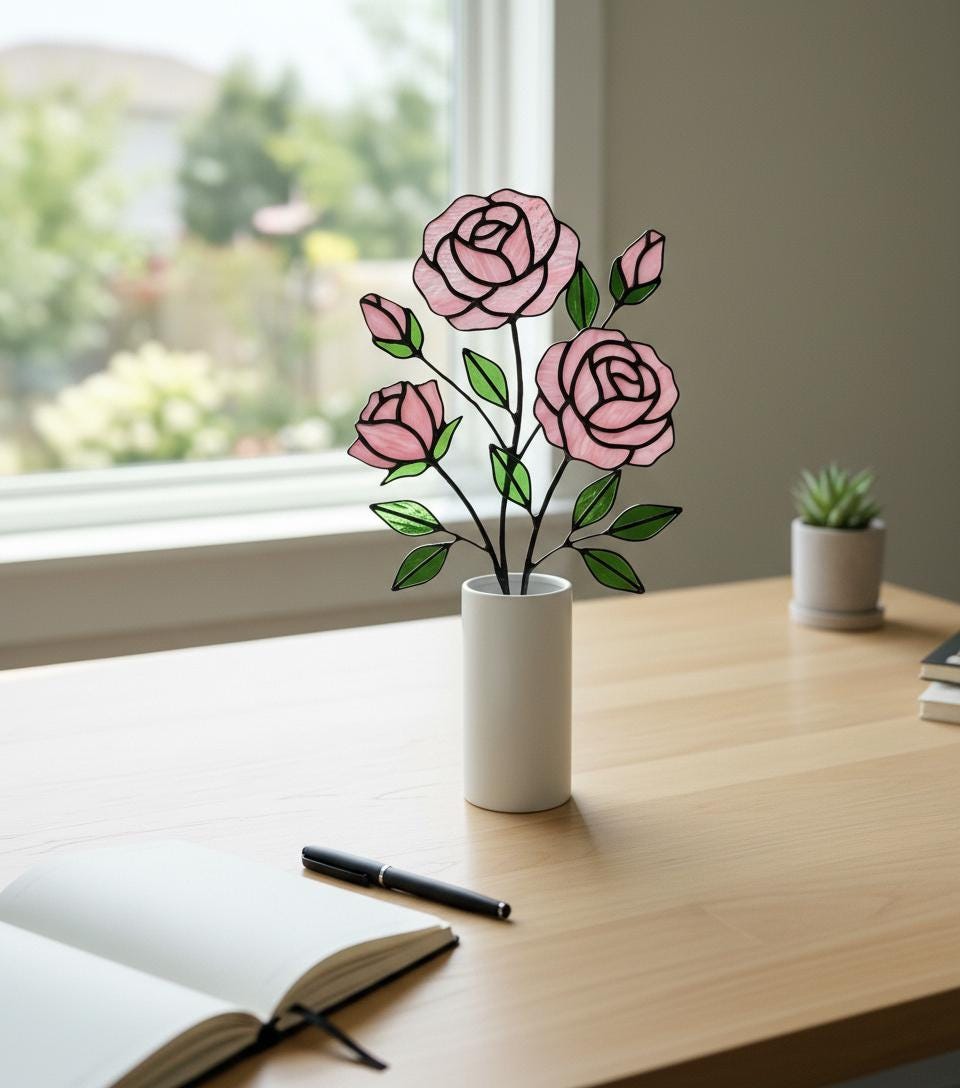 Handmade stained glass pink rose flower bouquet plant stake, 3d glass art for flower pot decoration, eternal flower gift for mother day, vase not included.