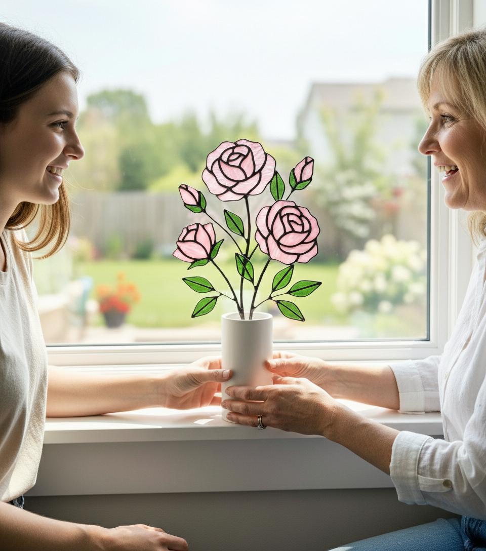 Handmade stained glass pink rose flower bouquet plant stake, 3d glass art for flower pot decoration, eternal flower gift for mother day, vase not included.