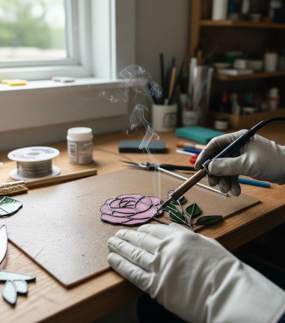 Handmade stained glass pink rose flower bouquet plant stake, 3d glass art for flower pot decoration, eternal flower gift for mother day, vase not included.