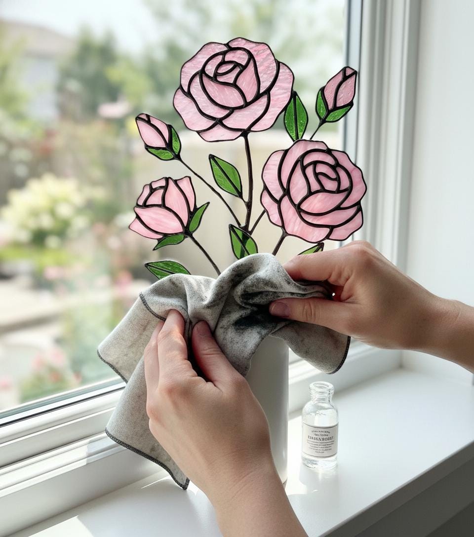 Handmade stained glass pink rose flower bouquet plant stake, 3d glass art for flower pot decoration, eternal flower gift for mother day, vase not included.