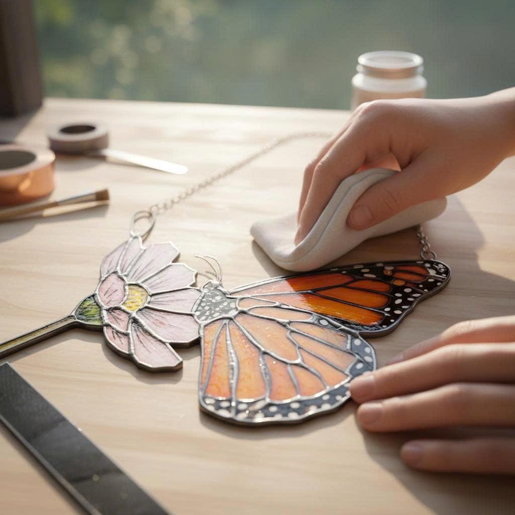 Handmade stained glass monarch butterfly perched on pink cosmos flower suncatcher, hanging window ornament, spring nature decor gift for her.