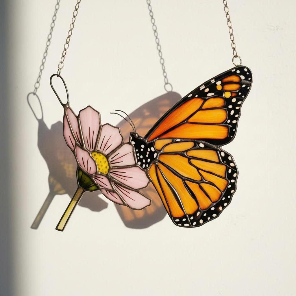 Handmade stained glass monarch butterfly perched on pink cosmos flower suncatcher, hanging window ornament, spring nature decor gift for her.
