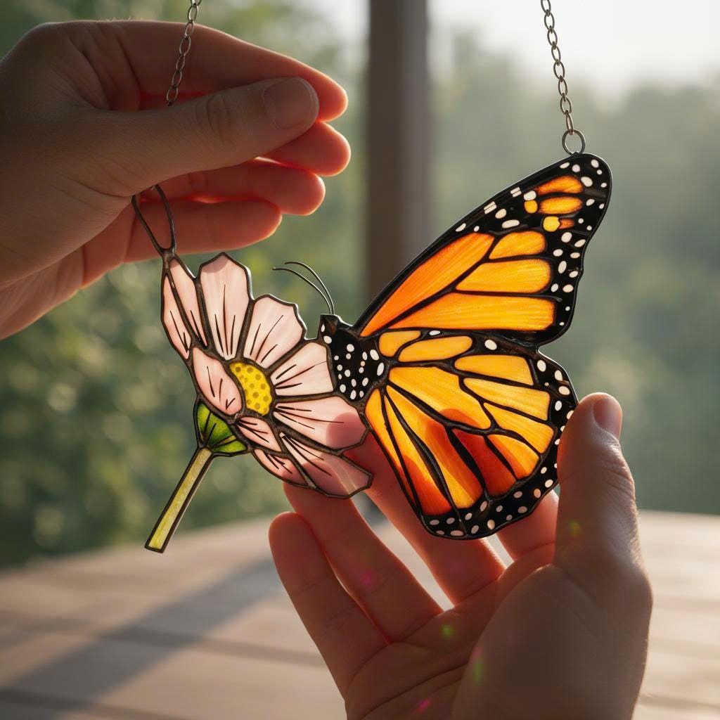 Handmade stained glass monarch butterfly perched on pink cosmos flower suncatcher, hanging window ornament, spring nature decor gift for her.