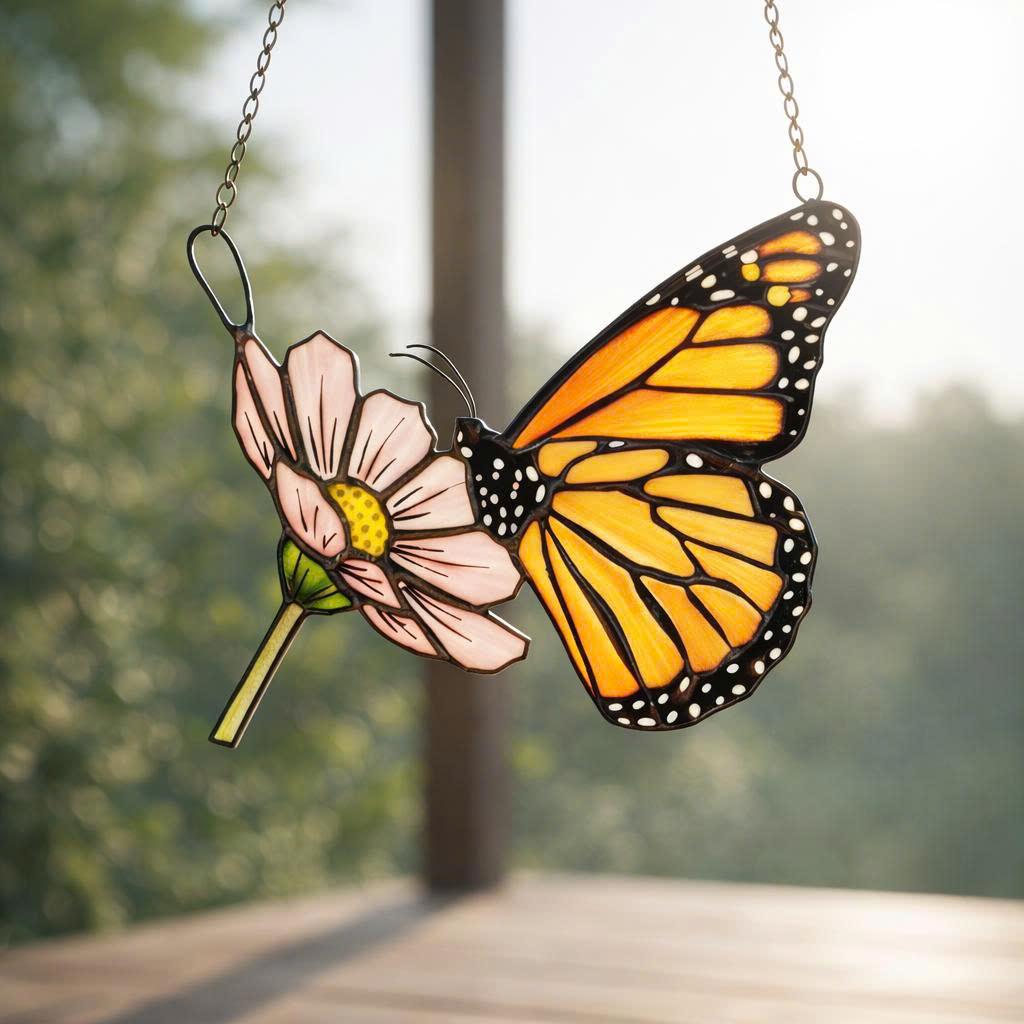 Handmade stained glass monarch butterfly perched on pink cosmos flower suncatcher, hanging window ornament, spring nature decor gift for her.