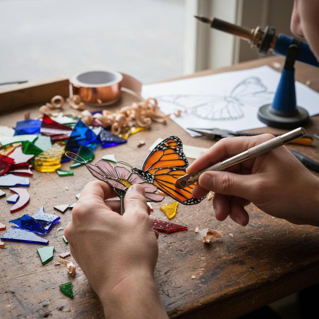 Handmade stained glass monarch butterfly perched on pink cosmos flower suncatcher, hanging window ornament, spring nature decor gift for her.