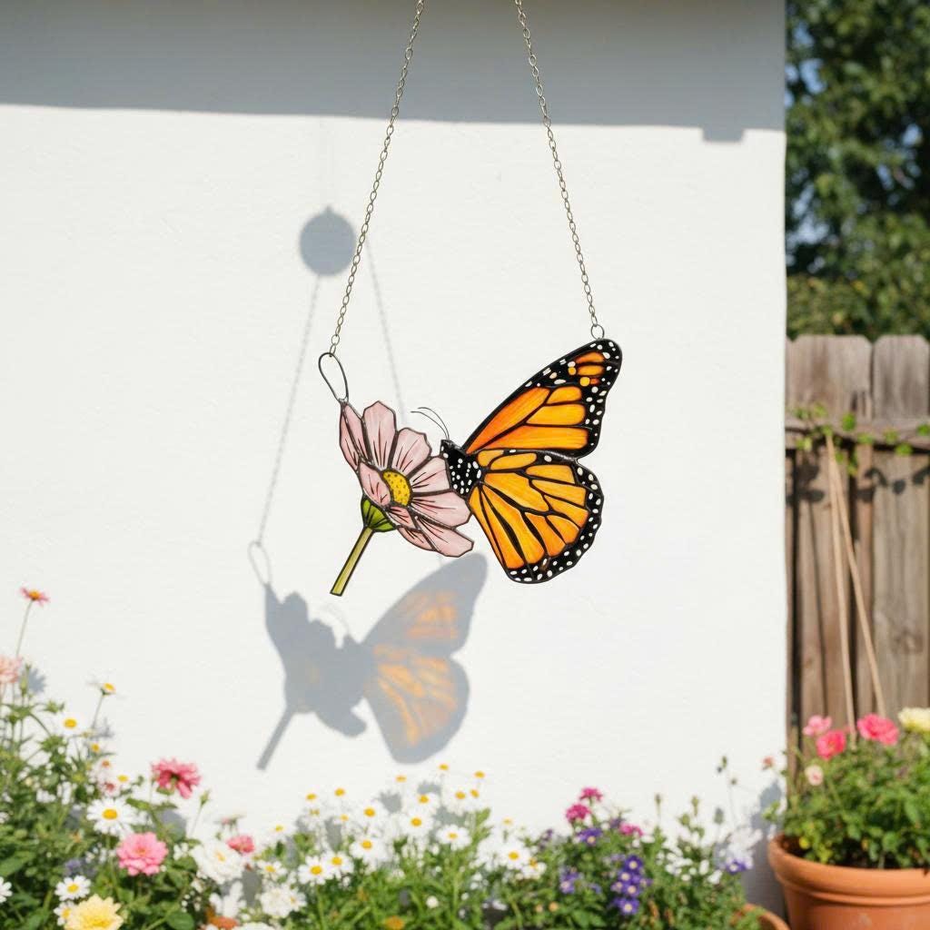 Handmade stained glass monarch butterfly perched on pink cosmos flower suncatcher, hanging window ornament, spring nature decor gift for her.