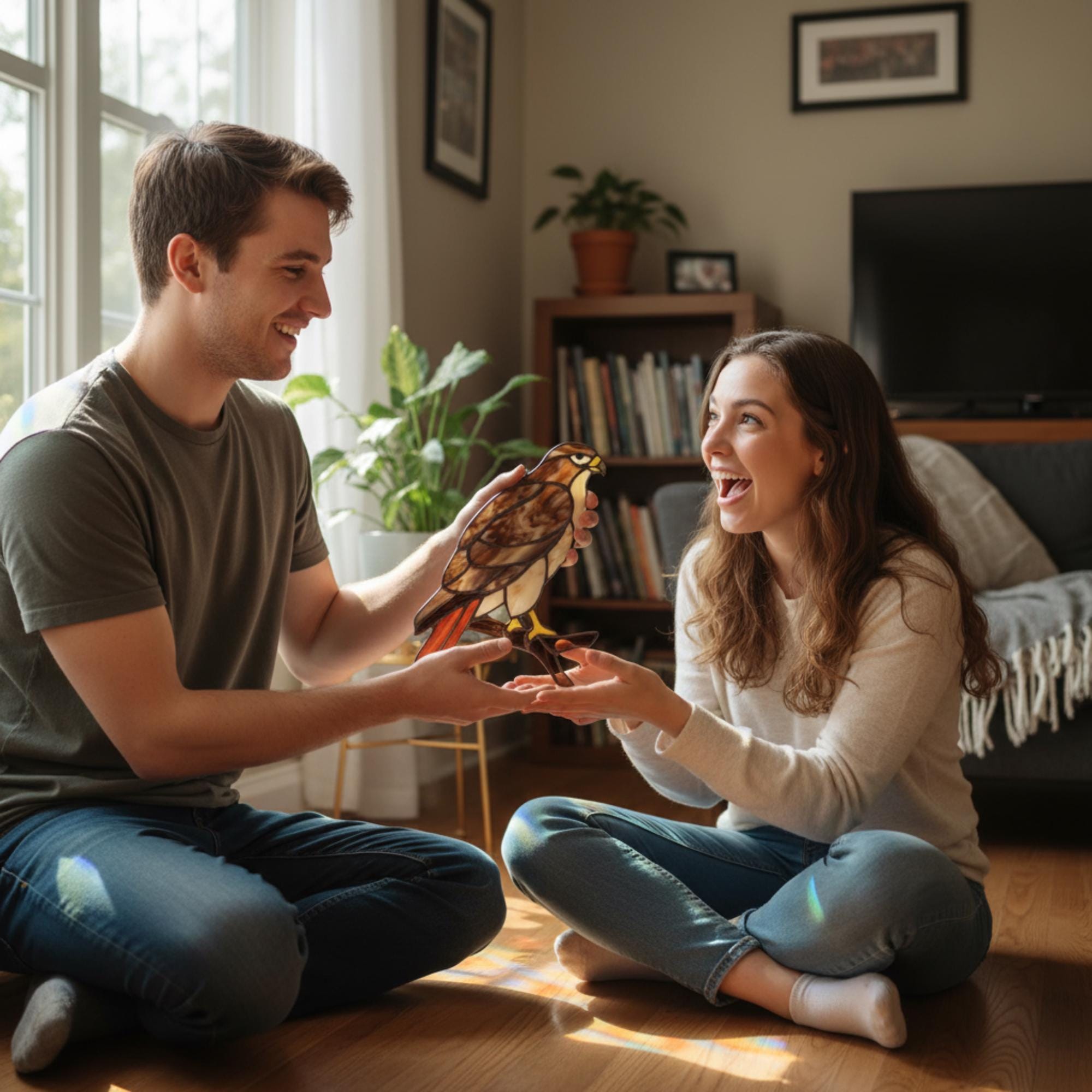 Handmade stained glass red tailed hawk suncatcher, realistic bird of prey window hanging, raptor wildlife decor gift for dad, father's day gift.