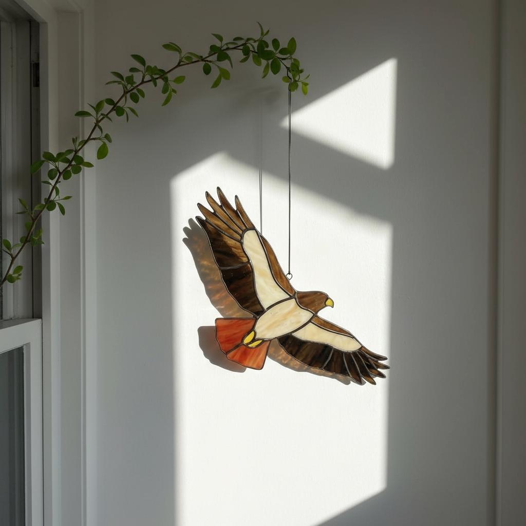 Handmade stained glass red tailed hawk suncatcher, realistic bird of prey window hanging, raptor wildlife decor gift for dad, father's day gift.
