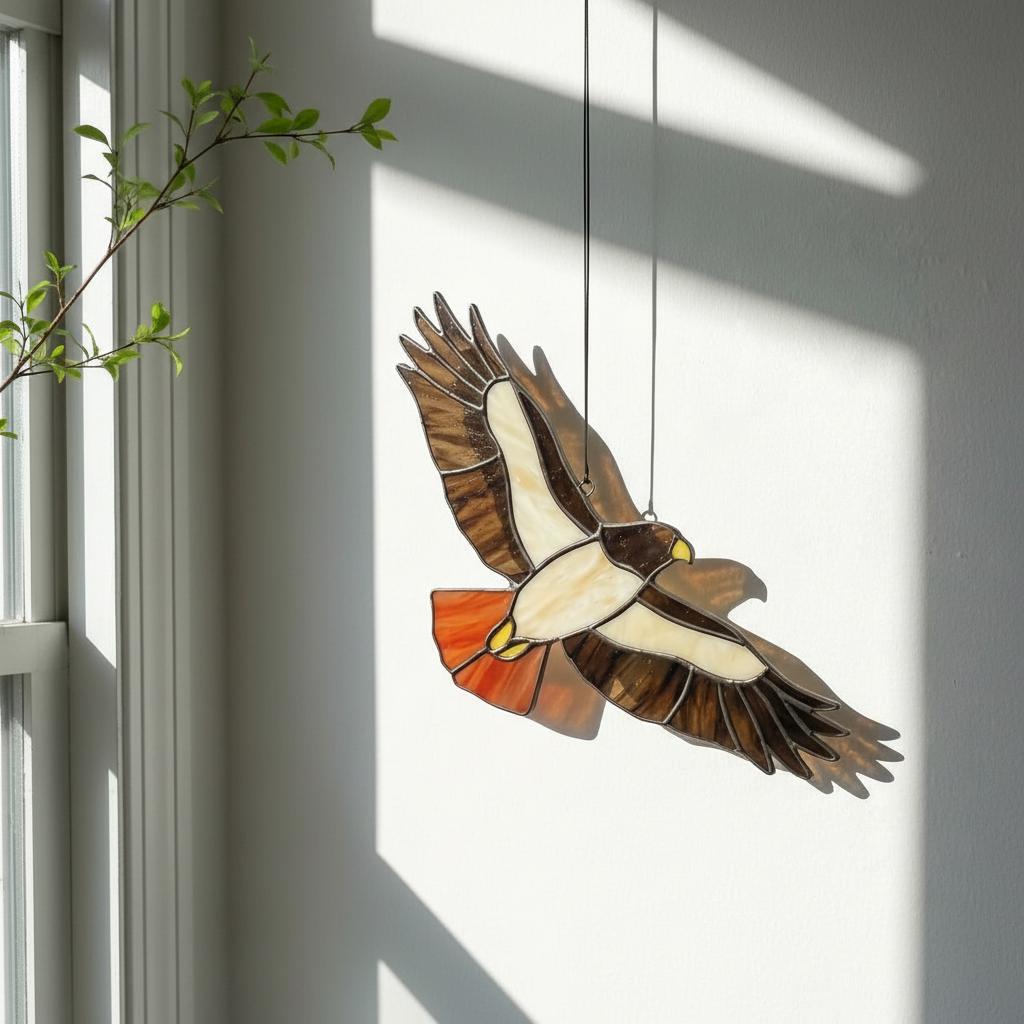 Handmade stained glass red tailed hawk suncatcher, realistic bird of prey window hanging, raptor wildlife decor gift for dad, father's day gift.