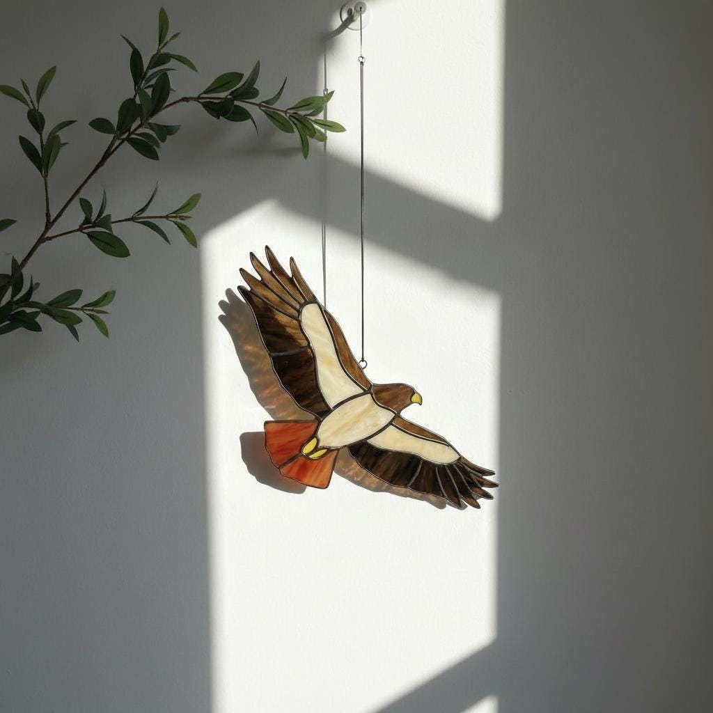 Handmade stained glass red tailed hawk suncatcher, realistic bird of prey window hanging, raptor wildlife decor gift for dad, father's day gift.