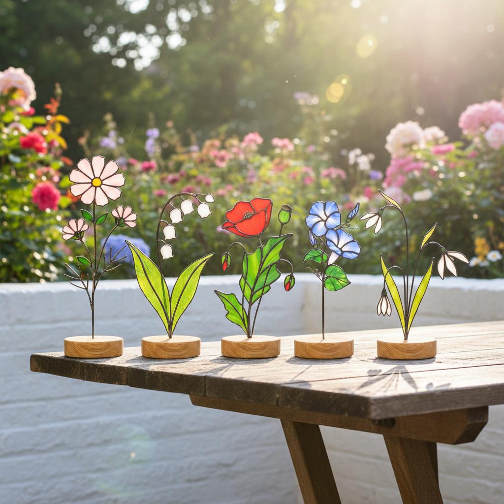 Handmade stained glass birth month flower plant stake collection, colorful floral suncatcher for indoor planter pot, personalized birthday gift for mom or grandma, forever glass bouquet garden decor.