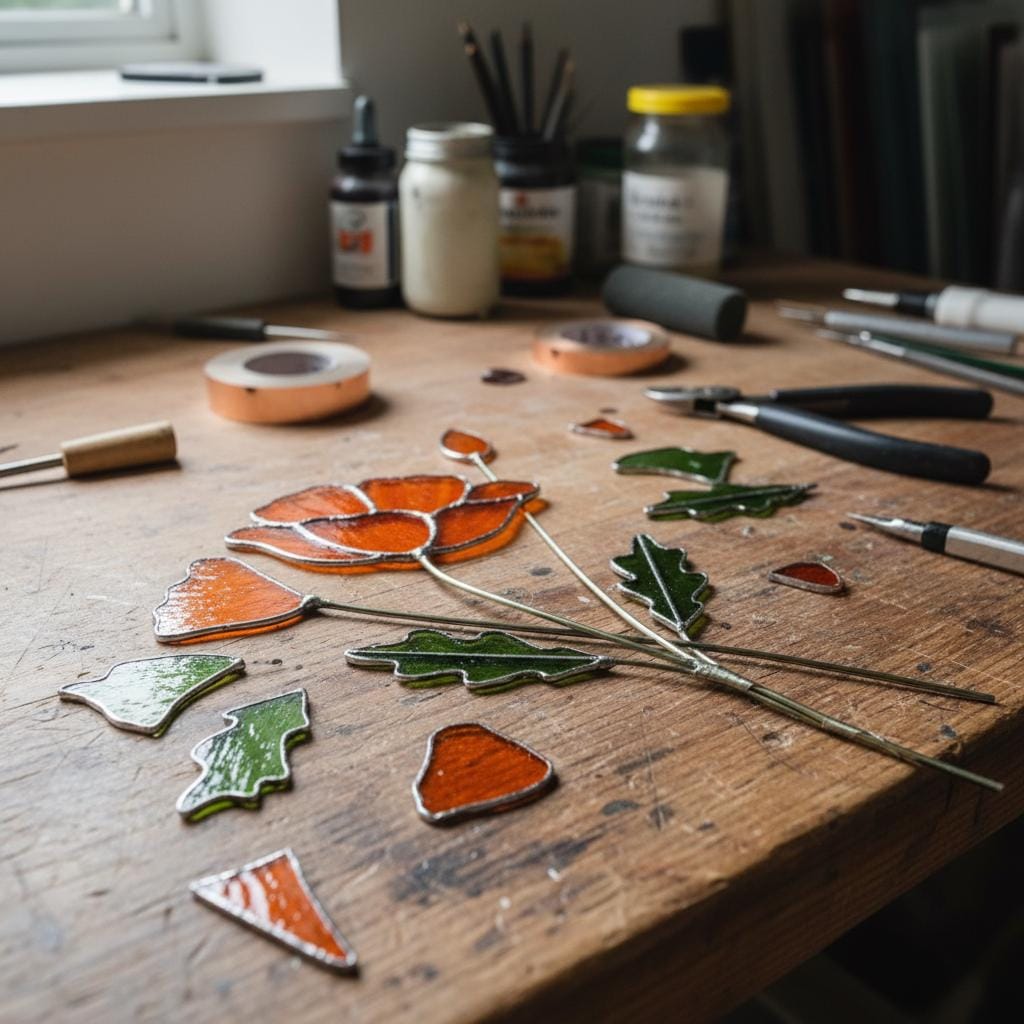 Handmade stained glass birth month flower plant stake collection, colorful floral suncatcher for indoor planter pot, personalized birthday gift for mom or grandma, forever glass bouquet garden decor.
