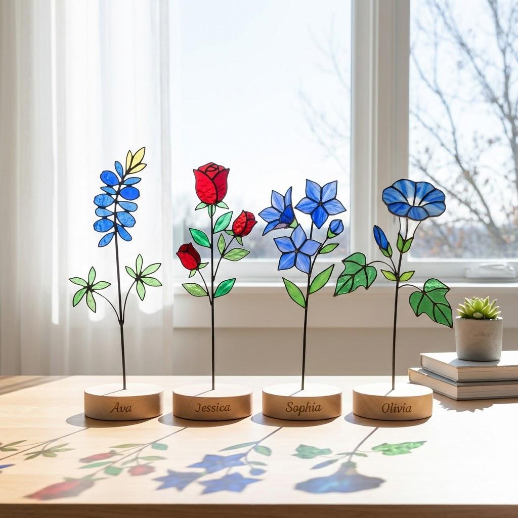 Handmade stained glass birth flower with wooden base, personalized name engraving, desk decor gift for mom and grandma