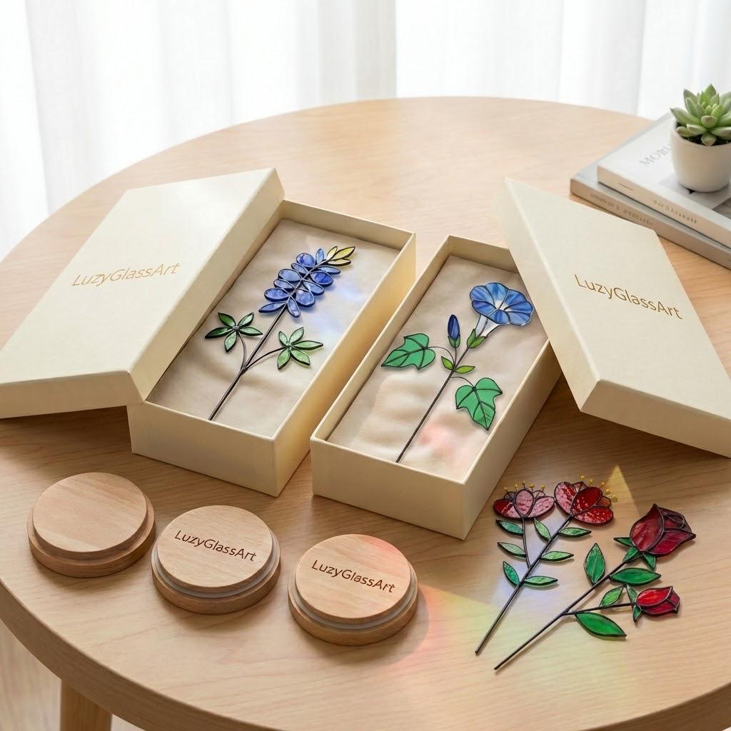 Handmade stained glass birth flower with wooden base, personalized name engraving, desk decor gift for mom and grandma