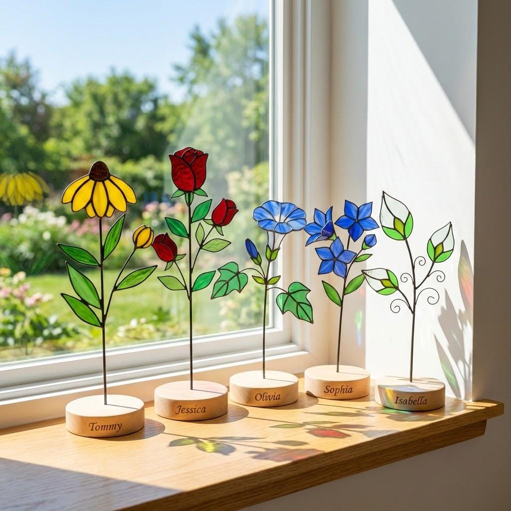 Handmade stained glass birth flower with wooden base, personalized name engraving, desk decor gift for mom and grandma