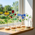 Handmade stained glass birth flower with wooden base, personalized name engraving, desk decor gift for mom and grandma