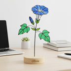 Handmade stained glass birth flower with wooden base, personalized name engraving, desk decor gift for mom and grandma